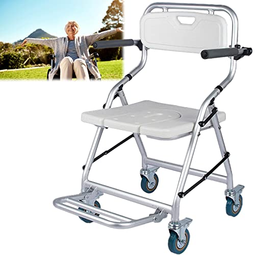 Taburete de Ducha Plegable Silla de Ducha con Ruedas para Personas Mayores y Discapacitados, Taburete Ducha Antideslizante con Freno y Respaldo, Silla de Inodoro - Carga 120kg