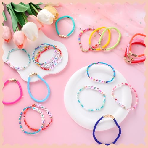 Image of Landical 72 Pcs Friendship Beaded Bracelets Bulk for Women Adjustable Colorful Beaded Bracelets Colorful Letter Friends Surfer Friendship Bracelet Party Favor Gifts(Elastic Bead Style)