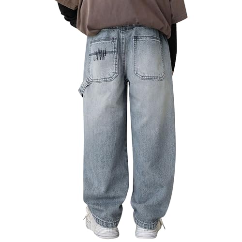 Boys Wide Leg Baggy Denim Pants Elastic Waist Straight Leg Casual Jeans Youth Fall ?intage Trousers with Pockets