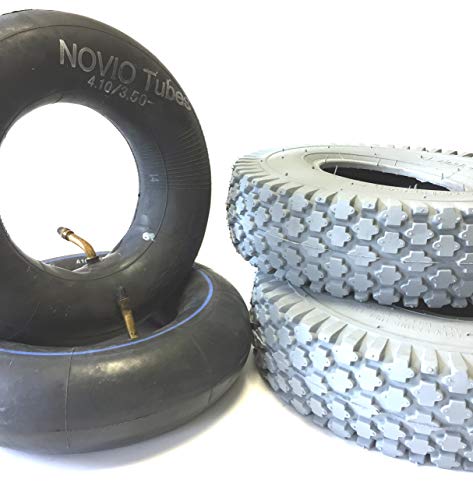 Rollstuhlreifen 2 Stück 4.10/3.50-5 grau + 2 Stück Schlauch Winkelventil, Reifen kräftiges Blockprofil, Stabiler 4 PR Reifenaufbau, Rollstuhl Reifen