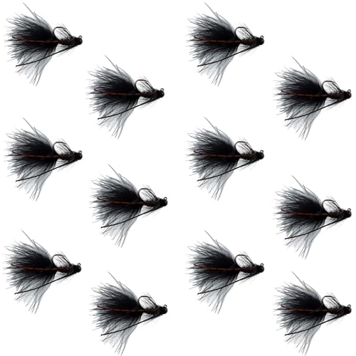 The Fly Fishing Place Tungsten Bead Black Mini Bugger Tactical Jig Czech Euro Nymph Spanish Barbless Nymphing Fly - 1 Dozen Flies Size 8