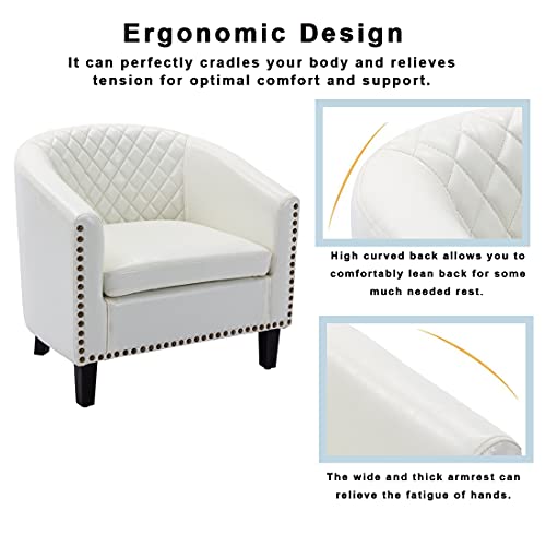Modern Accent Barrel Chair, Rhombus Armchair With Nail Head, Tub Rivet Chair With Wood Legs, Faux Pu Leather Club Sofa Side Chair For Living Room, Bedroom, Home Office (Bright White + Pu) #TOP3