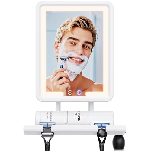 eeuuty Heated Shower Mirror Fogless for Shaving (Gen 3) - 3 Colors Stepless Dimmable Lights Anti-Fog Shaving Mirror with Razor Holder No-Drilling Removable - White