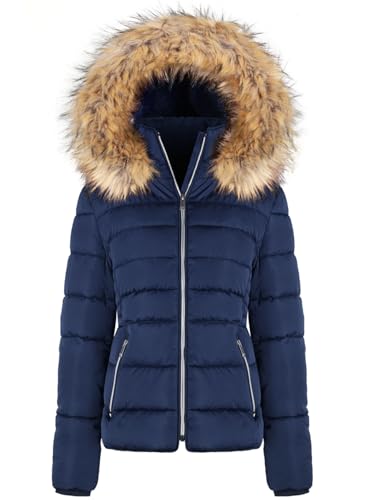 BodiLove Women's Puffer Jacket with Removable Faux Fur Hood and Zipper Navy L