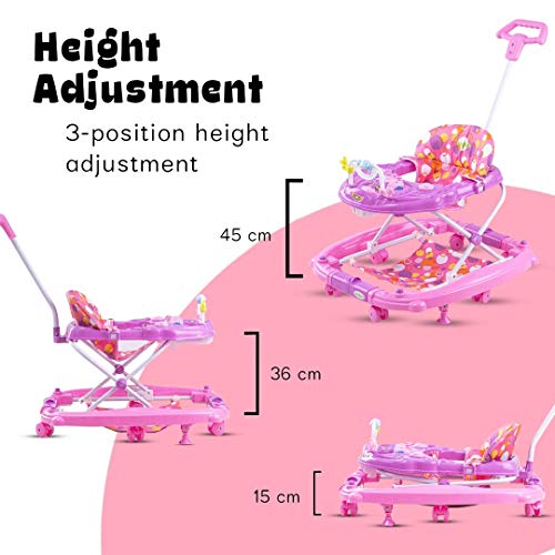 Image of Baybee 3-in-1 Baby Walker for Kids 6 to 18 Months with Rocker Mode, Removable Toy Bar, Adjustable Height, Inbuilt Music, Sunshade & Smooth 360 Wheels | Easy Folding Walker for Boys & Girls (Lite Pink)