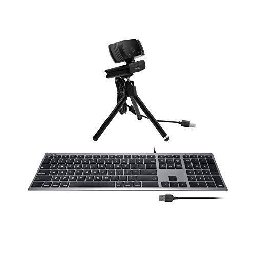 Macally Ultra Slim Wired Computer Keyboard and 1080P Webcam with Microphone and Tripod, Look Better in Your Conference Call
