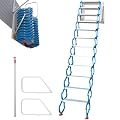 VEVOR Attic Stairs Pull Down 12 Steps, Wall-Mounted Folding Attic Ladder Alloy Attic Steps, Retractable Loft Ladder with Widen Anti-Skid Pedal and Armrests, 9.8FT Height, Blue