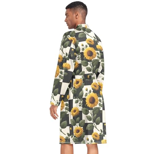 Men’s Robe Plaid Sunflower Print, Long Sleeve Bathrobe for Sleep Shower-M4