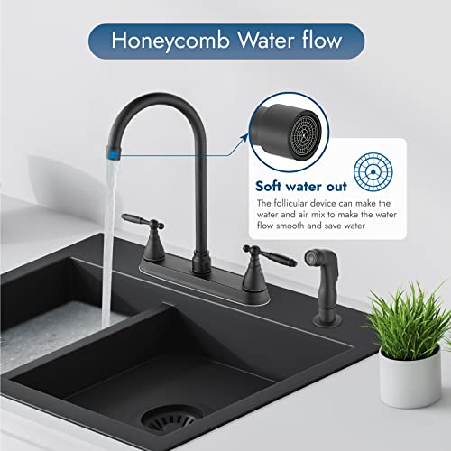 Cinwiny Kitchen Faucet With Pull Out Side Sprayer,8 Inch Centerset Kitchen Sink Faucet，Matte Black Stainless Steel 2 Handle High-Arc 360 Degree Swivel Kitchen Faucets With Supply Lines #TOP1