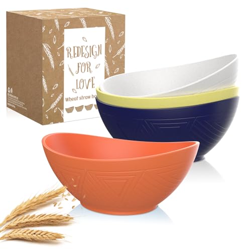 PYRMONT Cereal Bowls Set of 4 - 26 OZ Wheat Straw Unbreakable Plastic Bowls - Dishwasher Safe for Serving Oatmeal, Soup - Reusable - Mondrian