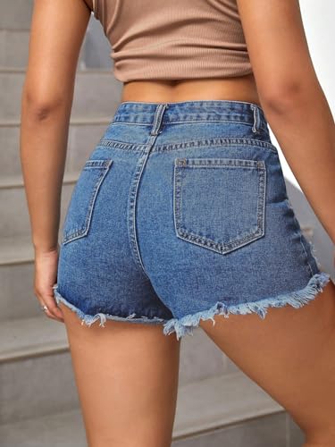 Image of Aahwan Blue Solid High Waist Ripped Raw Trim Denim Shorts Casual Summer Shorts for Women's & Girls