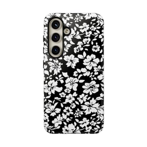 Coque Samsung Galaxy S24 motif floral noir et blanc rigide brillante