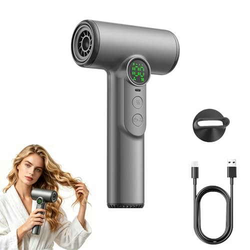 Cordless Hair Dryer Portable Rechargeable Blow Dryer with Digital Screen 3 Heat & Speed Settings USB Charging Lightweight Travel Hair Dryer for Home Dorm Travel Camping & Outdoor Use Dark Grey