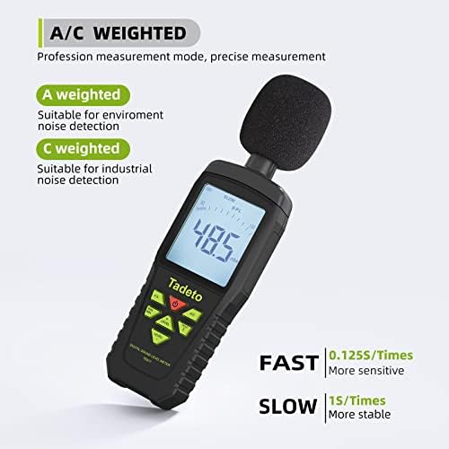 Decibel Meter, Tadeto Digital Sound Level Meter Portable SPL Meter 30dB to 130dB(5 Measurement Range) Backlight LCD Display, MAX/MIN Noise Measurement, Audible and Visual Alarms,Data Hold, A/C Mode