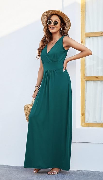 AUSELILY Abito estivo da donna, lungo, maxi abito da sera, abito avvolgente, verde scuro, XL