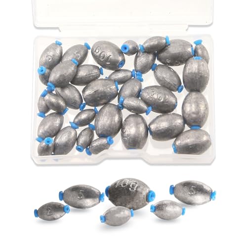 BOROLA 36pcs Fishing Olive Shape Egg Sinker Weights, Saltwater and Freshwater Fishing Terminal Tackle Accessories, Egg Sinker Weights Set for Fishing Lovers.(Silvery)