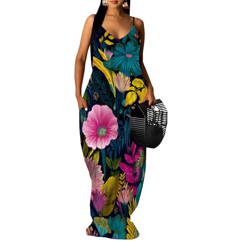 Image of SUZONANA Women's Plus Size Summer Dresses Spaghetti Print Maxi Dresses Long Loose Sundresses