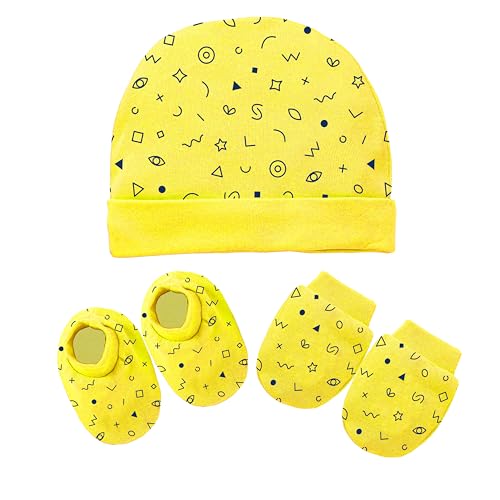 Image of Kidbee Baby Cotton Booties Mittens and Caps Combo for New Born Babies (0-6 Months)