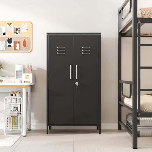 Image of PAOFIN 47 inch Metal Storage Locker, Lockable Employees Metal Locker with 2 Door and Adjustable Shelves, Steel Locker for Home, School, Office, Gym (Black)
