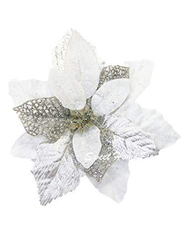 Sweet Home Deco 9''W Silk Shinning Sprakled Poinsettia Artificial Flower Heads (Set of 5) Christmas Decorations (White)