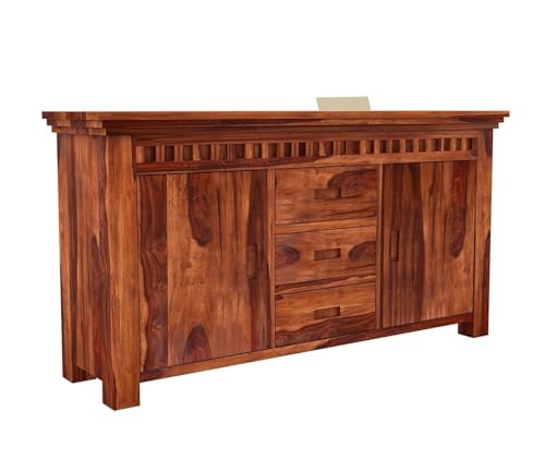 Image of Solid Sheesham Wood Natural Finish Furniture Sideboard Crockery Cabinet for Living Dining Room Console with 3 Drawer & 2 Door Storage Buffet Home Office Accent Table Kitchen Display Unit