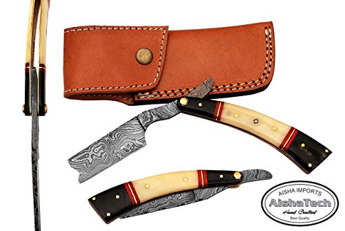 AishaTech Glamour Straight Razors Damascus Steel Blade Bone and Horn Handle
