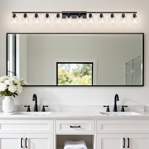 Image of 12 Light Bathroom Light Fixtures, Black Bathroom Lighting Fixtures Over Mirror Matte Black Modern Vanity Lights Wall Lighting for Mirror Bedroom, Living Room (78.7inch)