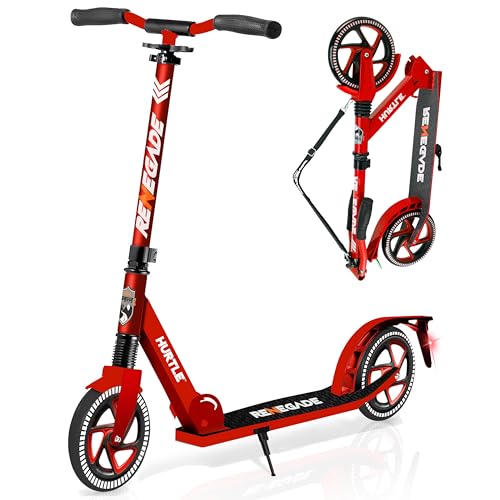 Image of Hurtle Teenager Kick Scooter - 2 Wheel with Adjustable T-Bar Handlebar - Folding Adult with Alloy Anti-Slip Deck - 8 inch Smooth Gliding Wheels