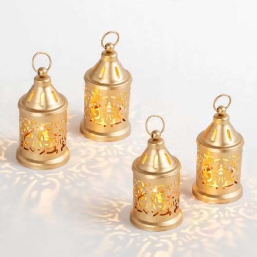 Image of Nutech Decor Hanging Metal Candle & Tealight Holder Lantern Set With LED Candle - Decorative Golden Vintage Lanterns for Home, Living Room, Dining Table, Balcony, Garden & Festival Gifting (Pack of 4)