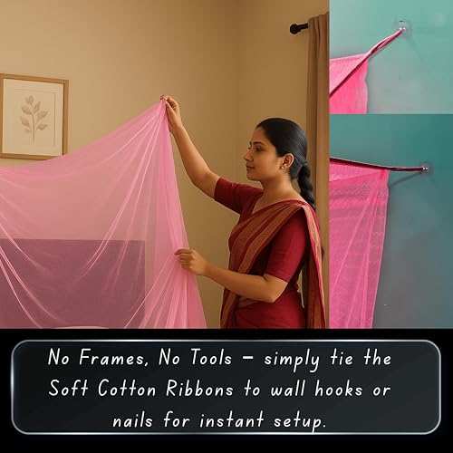 Image of Mosquito Net for King Size Bed & Double Bed, 6x7 ft, Wall /Hook Hanging, Premium Poly-Cotton Blend Fabric Foldable Machhardani (Peach Pink - Frame Not Included)