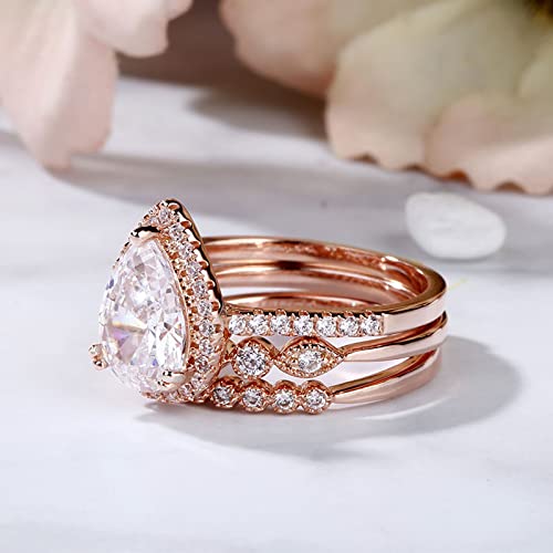 Jeulia Pear Shaped Wedding Ring Set: 3PC Halo Pear Cut Sterling Silver Diamond Bridal Set Rose Gold Anniversary Promise Wedding Band with Jewelry Gift Box4