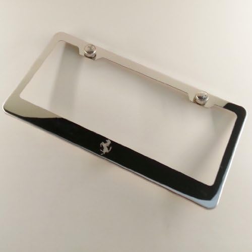 Polish Chrome Laser Engraved Fit Ferrari Horse Stainless Steel USA License Plate Frame With Engraved Steel Logo Screw Cap Combo 12.25" x 6.5"