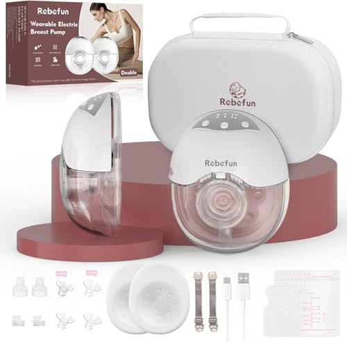 Robofun Tire Lait Electrique Main Libre, le Tire-Lait Silencieux avec 4 Modes et 12 Niveaux de Suction, Avec Couvercle Anti-Poussière, 2 Pièces Breast Pump avec 19/21/24mm Bride