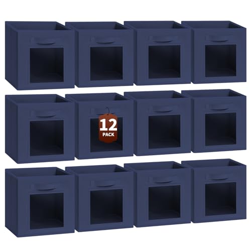 Homsorout Storage Cube 11 Inch - Cube Storage Bins with Window, Closet Storage Baskets with Handle, Fabric Bins for Closet, Shelves, Toys, Clothes, Set of 12, Navy Blue