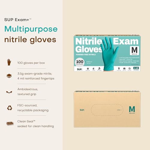 SUP Nitrile Exam Gloves, Powder-Free Latex-Free Food Safe Chemo-Rated Cook Cleaning Disposable Medical Glove, Reef Teal 100Ct (Medium)