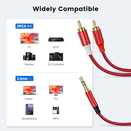 Image of MOSWAG RCA to AUX Cable 1 /8 to RCA Stereo Cable Headphone Jack to RCA | Gold Plated Nylon Braided Dual Shielded Y Splitter for Connecting Smartphone MP3 Tablet to Home Theater Speaker Amplifier TV