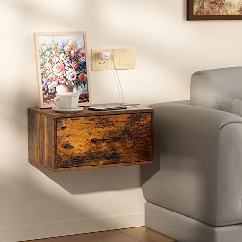 Filano Floating Nightstand With Drawer Rustic Wood Wall Mounted Nightstand Small Nightstand Floating Bedside Table Floating Shelf With Drawer #TOP5