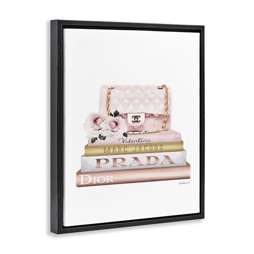 Image of Stupell Industries 'Pink Purse Gold Bookstack'| Floating Frame Canvas Art | Stupell Industries | Black, 17 x 21 Inches, Easy to Hang and Sturdy, Made in USA, by Amanda Greenwood