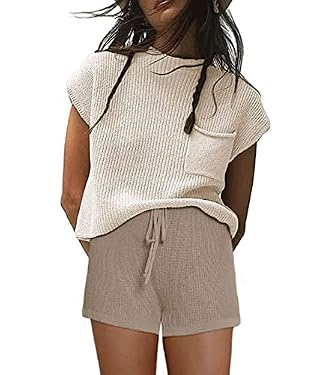 AMAZON - ELLENWELL Women’s Sweater Sets Outfits Two Piece Cap Sleeve Knit Pullover Tops and Mini Shorts (Apricot-S)