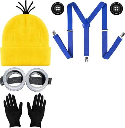 Costume d'Halloween, cosplay, casquette, lunettes, gants, boutons, bretelles, pour Halloween, fête, carnaval, costume pour femme, homme et enfant