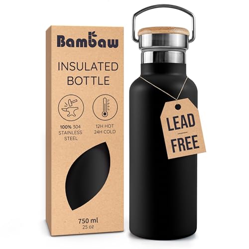 Bambaw Insulated Water Bottle 24 oz, Double Wall Stainless Steel Water Bottles, Keep Drinks Cold 24h & Hot 12h, Reusable & Easy to Clean, Great for Travel, Gym or Work (Jet Black)
