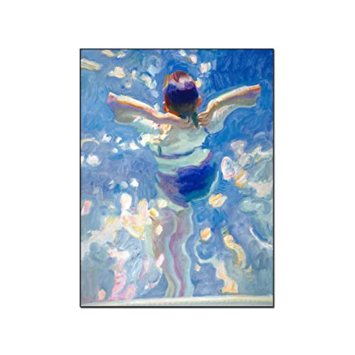Blue Crystal Landscape Poster Girl Underwater Swimming Wall Art Home Decor Canvas Painting Posters And Prints Wall Art Pictures For Living Room Bedroom Decor 24X32Inch(60X80Cm) Frame-Style #TOP21