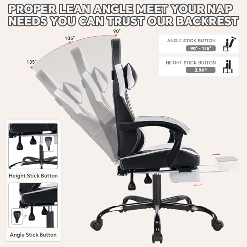 Image of Gaming Desk Chair for Adults, Ergonomic Gaming Chair with Footrest & Headrest and Lumbar Support, Leather Material Height Adjustable Computer Video Game Chairs (Black+White-1)