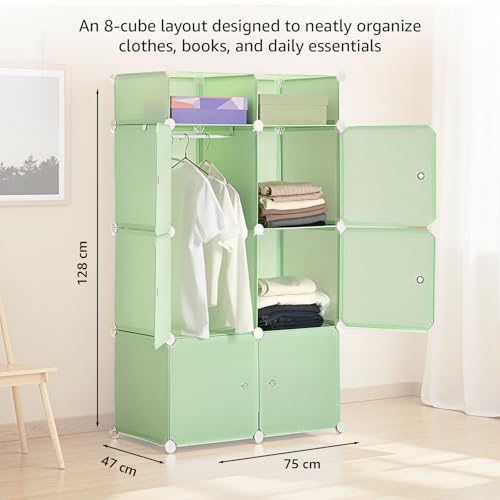 Image of Amazon Basics Plastic Modular Wardrobe Storage Cabinet for Home | 8 Cube Organizer with Doors | DIY Foldable Closet for Clothes, Toys & Essentials | Green with Stickers | 75 x 37 x 128 cm