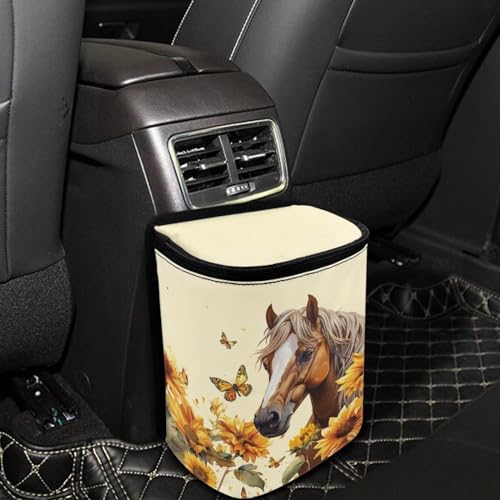 Image of Hanging Sunflower Horse Car Trash Bag Zip Leak Proof Vehicle Garbage Bin with Lid Mini Portable Vehicle Waste Storage Bag for Automotive Front Back Seat Headrest