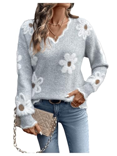 SHENHE Women's Floral Sweater V Neck Long Sleeve Drop Shoulder Knit Sweaters Pullover Tops
