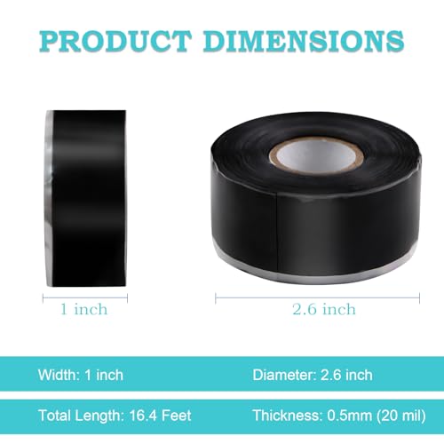 Image of Self Fusing Silicone Tape 1 in x 16.4' Black Waterproof Rubber Leak Proof Sealing Silicone Rubber Self-amalgamating Tape for Emergency Hot and Cold Water Pipe Repairs and Tool Fixation