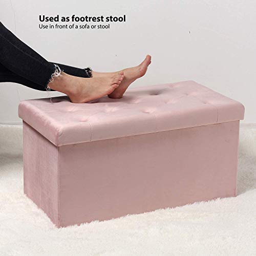Pinplus Folding Storage Ottoman Bench, Pink Velvet Ottoman With Storage, Large Long Shoes Bench Toys Chest With Lid, 31.5Inches Ottoman Foot Stool Seat For Bedroom, Living Room, Room Organizer Box #TOP3