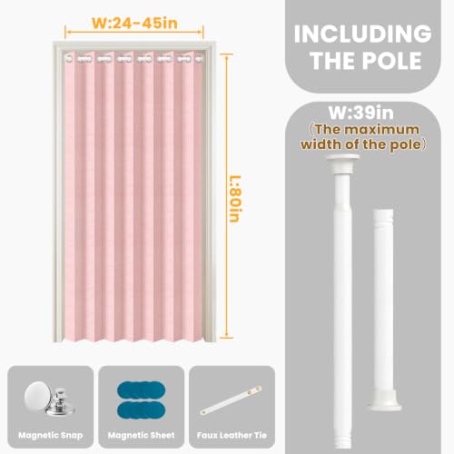 Image of AJAZZ Blackout Magnetic Door Curtain with Curtain Rods 28-39 in Length, Patio Door Curtain Invisible for Bedroom Living Room Accordion Doorway Curtain Set, 1 Panel, W45 x L80 inch, Pink