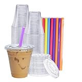 GUSTO [12 oz. - 100 Count Clear Cups with Flat Lids & Straws - Disposable Clear Drinking Cups for Iced Coffee, Cold Drinks, Milkshakes, and Smoothies - Formerly Comfy Package
